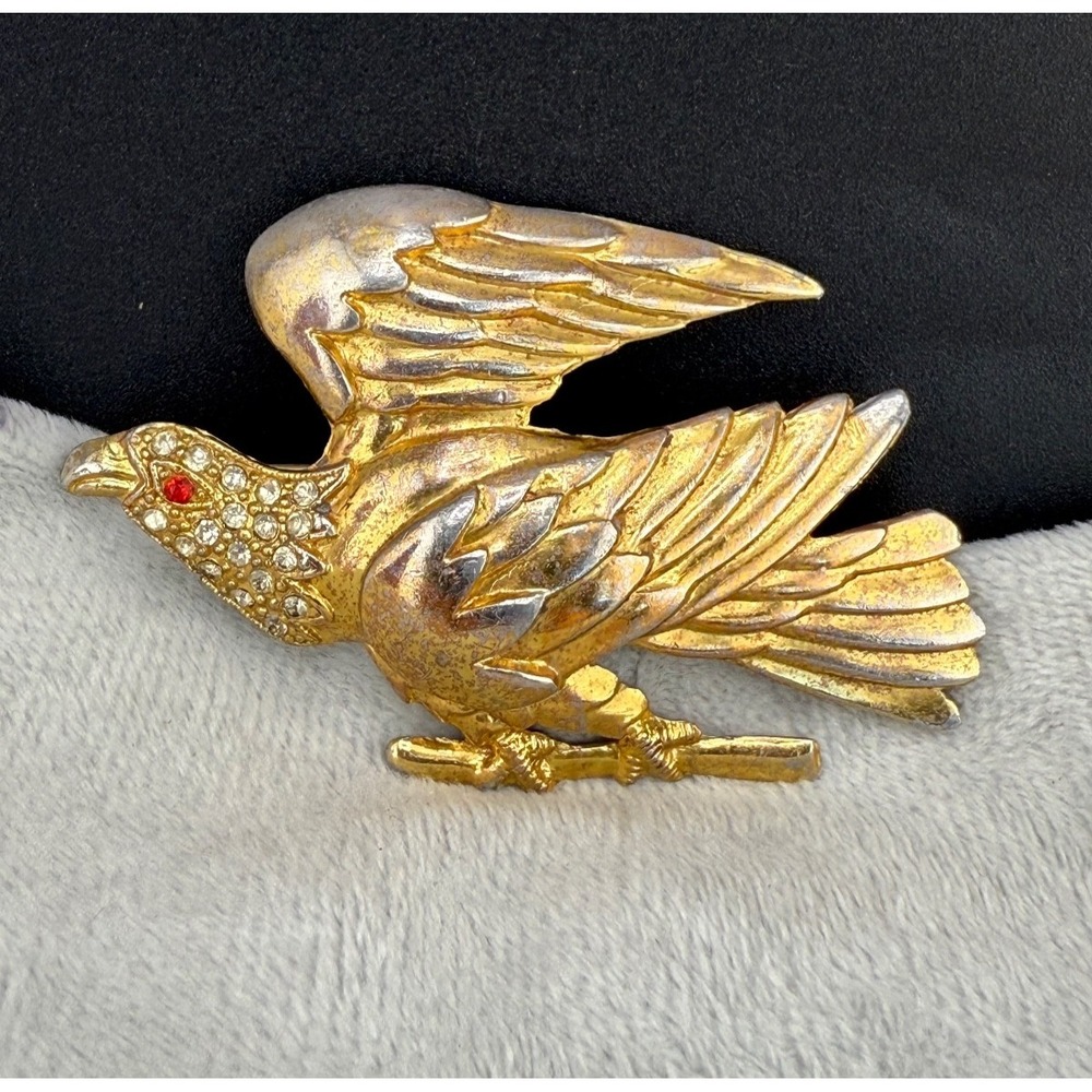 Vintage Bald Eagle Brooch Bird‎ Gold Tone Rhinestone America Patriotic